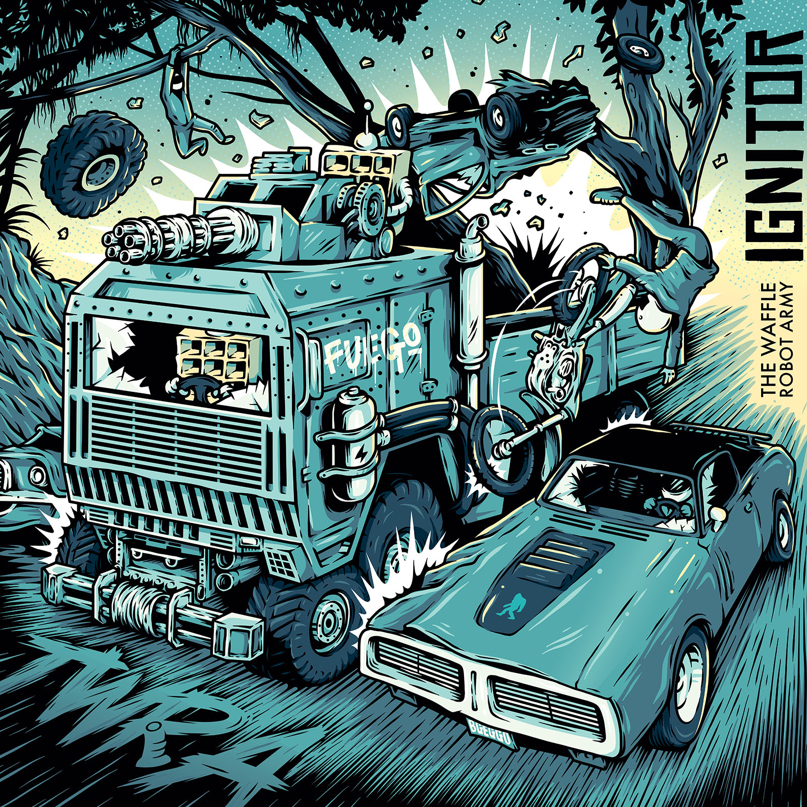Ignitor release artwork for The Waffle Robot Army featuring an illustrated high-speed vehicle chase with armoured trucks, cars and airborne vehicles.