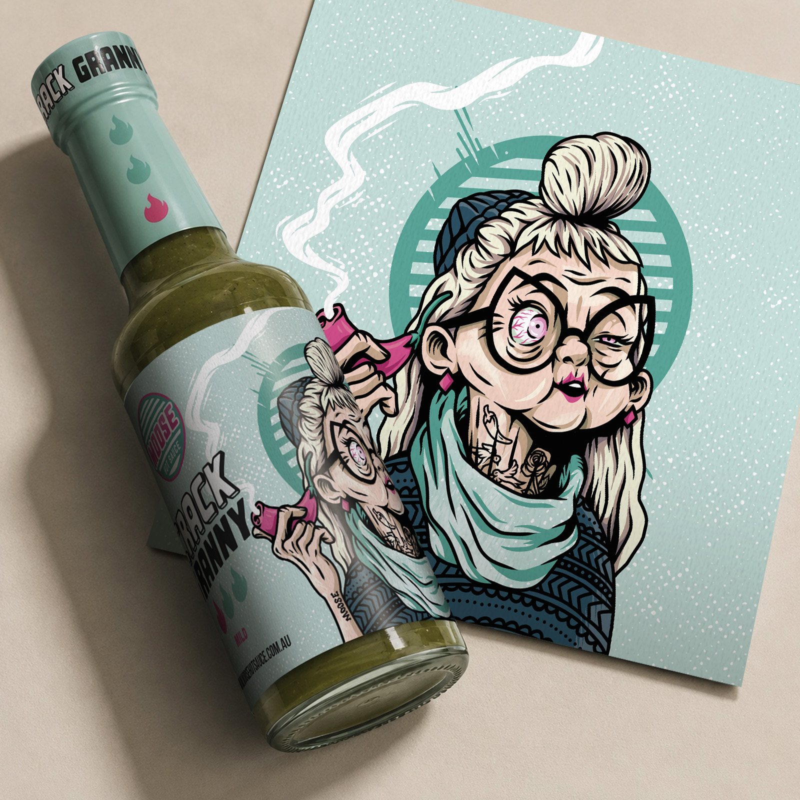 Crack Granny hot sauce bottle displayed beside a matching illustrated character print.