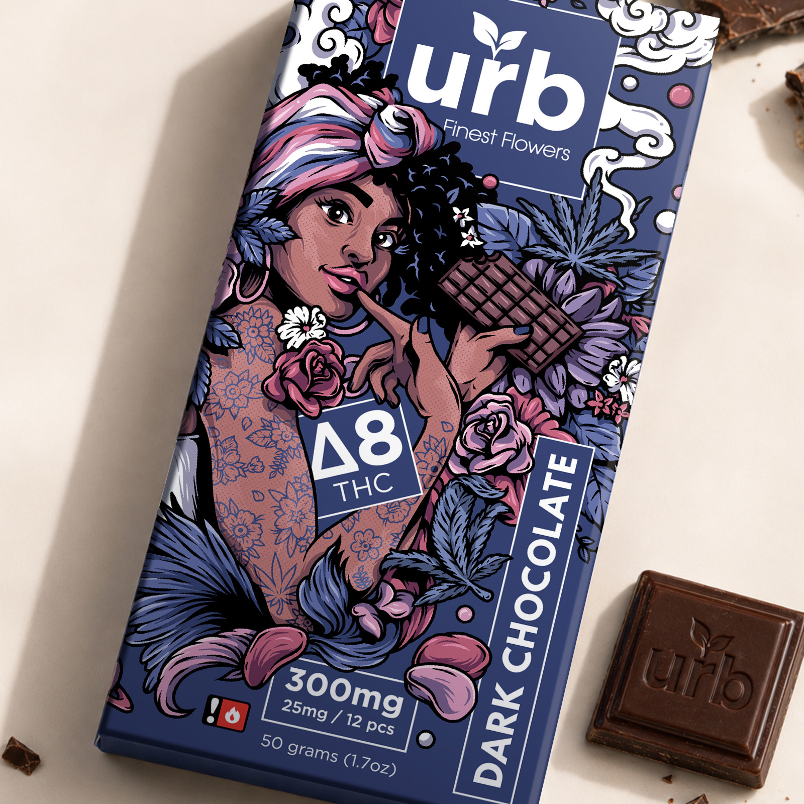 URB dark chocolate bar packaging featuring an illustrated female character, floral details and cannabis leaves, photographed beside pieces of dark chocolate.