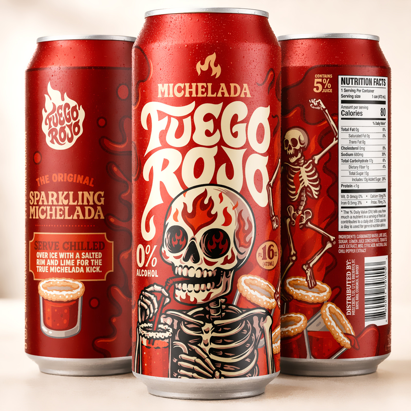 Three Fuego Rojo sparkling michelada cans showing the front, side and back packaging, with illustrated skeleton characters and red flame graphics.