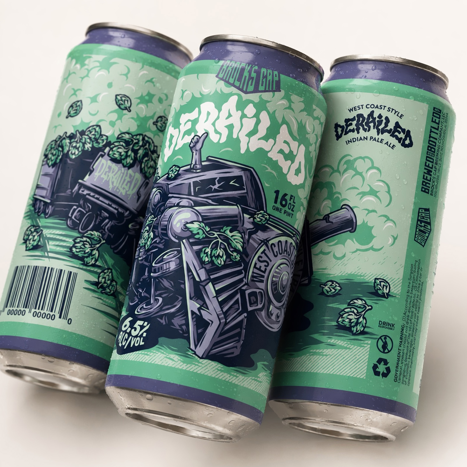 Three Derailed West Coast IPA cans showing the illustrated locomotive packaging from different angles.