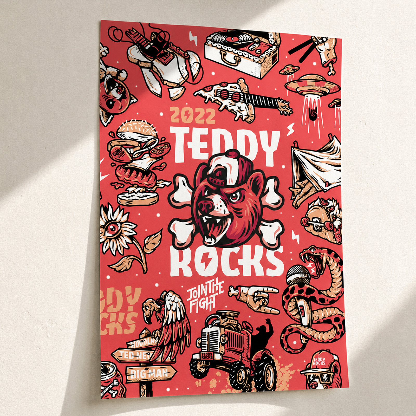 2022 Teddy Rocks Festival poster featuring the illustrated bear mascot surrounded by guitars, food, music equipment and other sticker-style graphics.