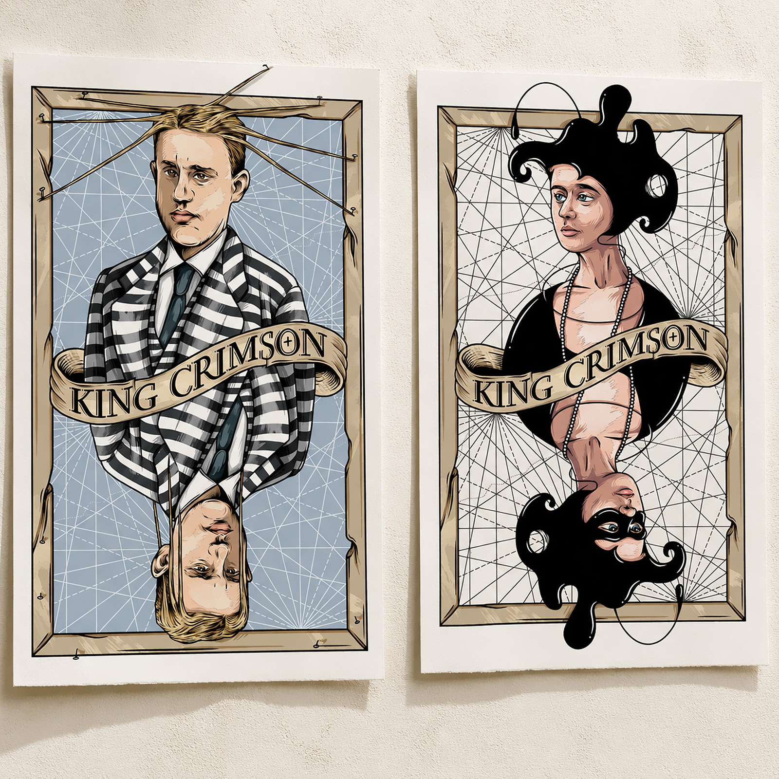 Two King Crimson poster designs featuring mirrored illustrated characters with surreal hair and costume details.