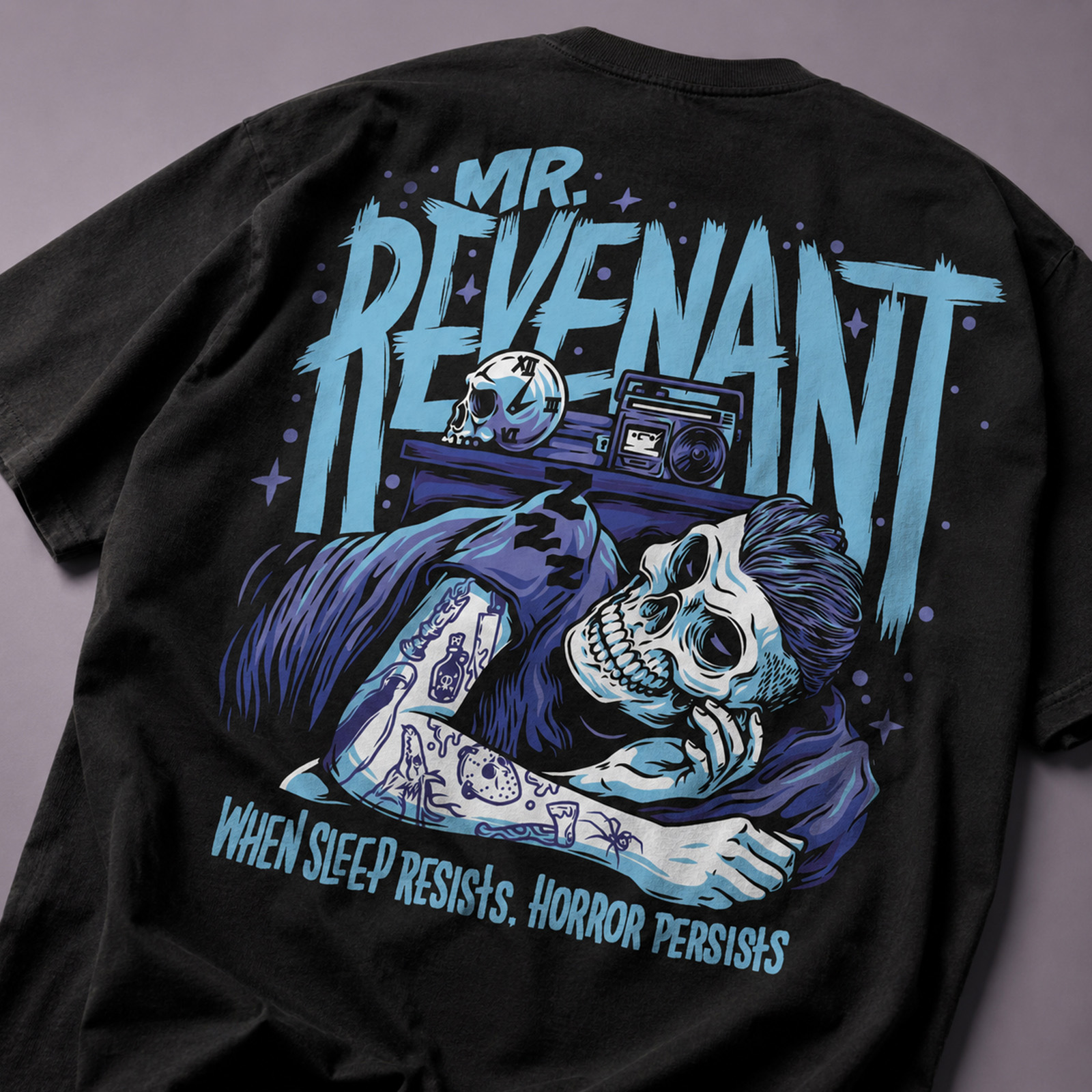 Black Mr. Revenant T-shirt featuring a large skeletal character illustration and the phrase “When sleep resists, horror persists.”