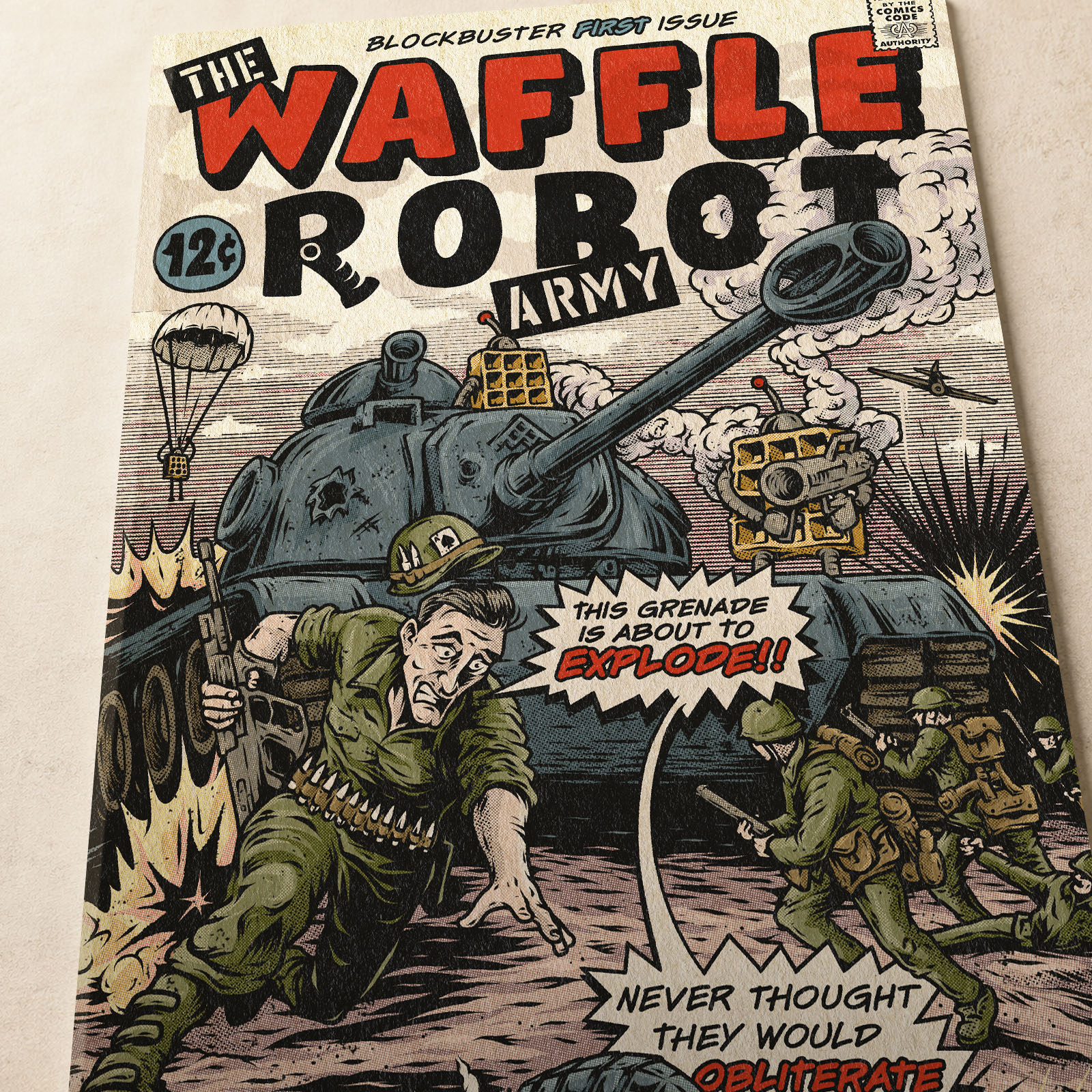 The Waffle Robot Army poster presented as a vintage war comic cover with distressed print texture and battlefield illustration.
