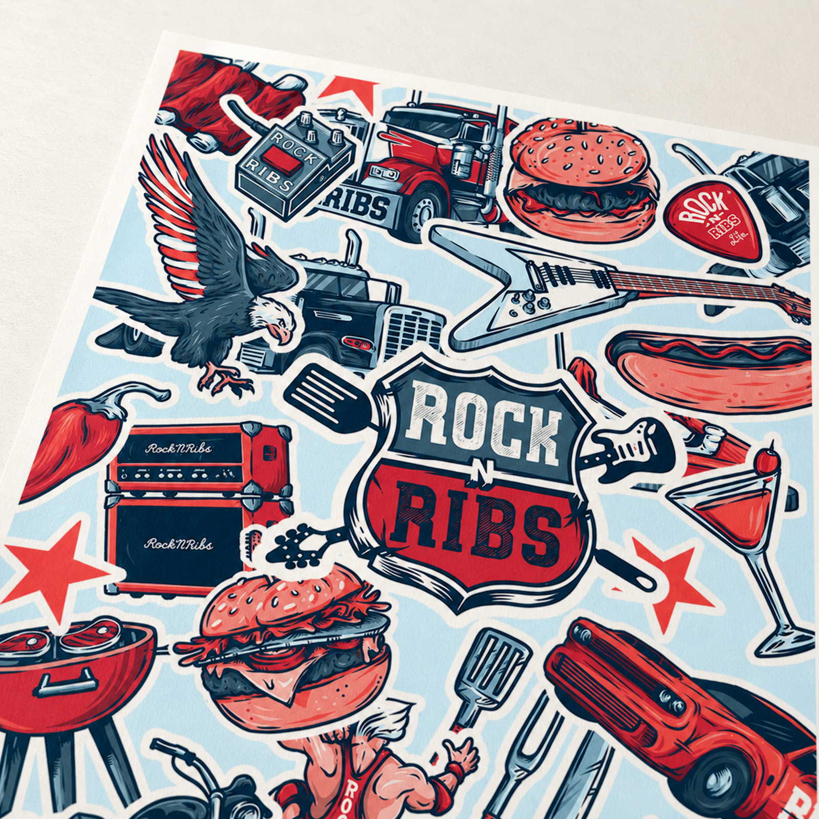 Rock n Ribs Poster Design featuring the festival logo surrounded by trucks, guitars, BBQ food, an eagle and American-themed graphics.