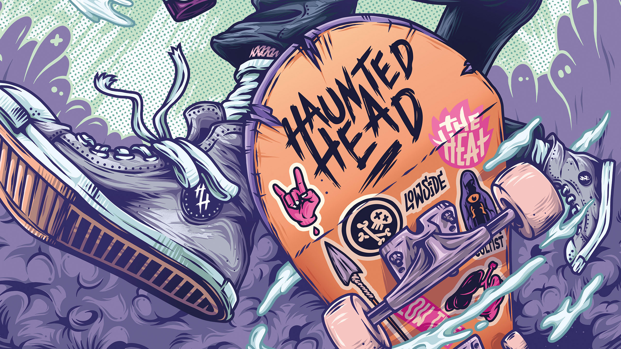  Close-up of the Haunted Head skateboard illustration with hand-drawn lettering, stickers, trainers and flowing clouds.