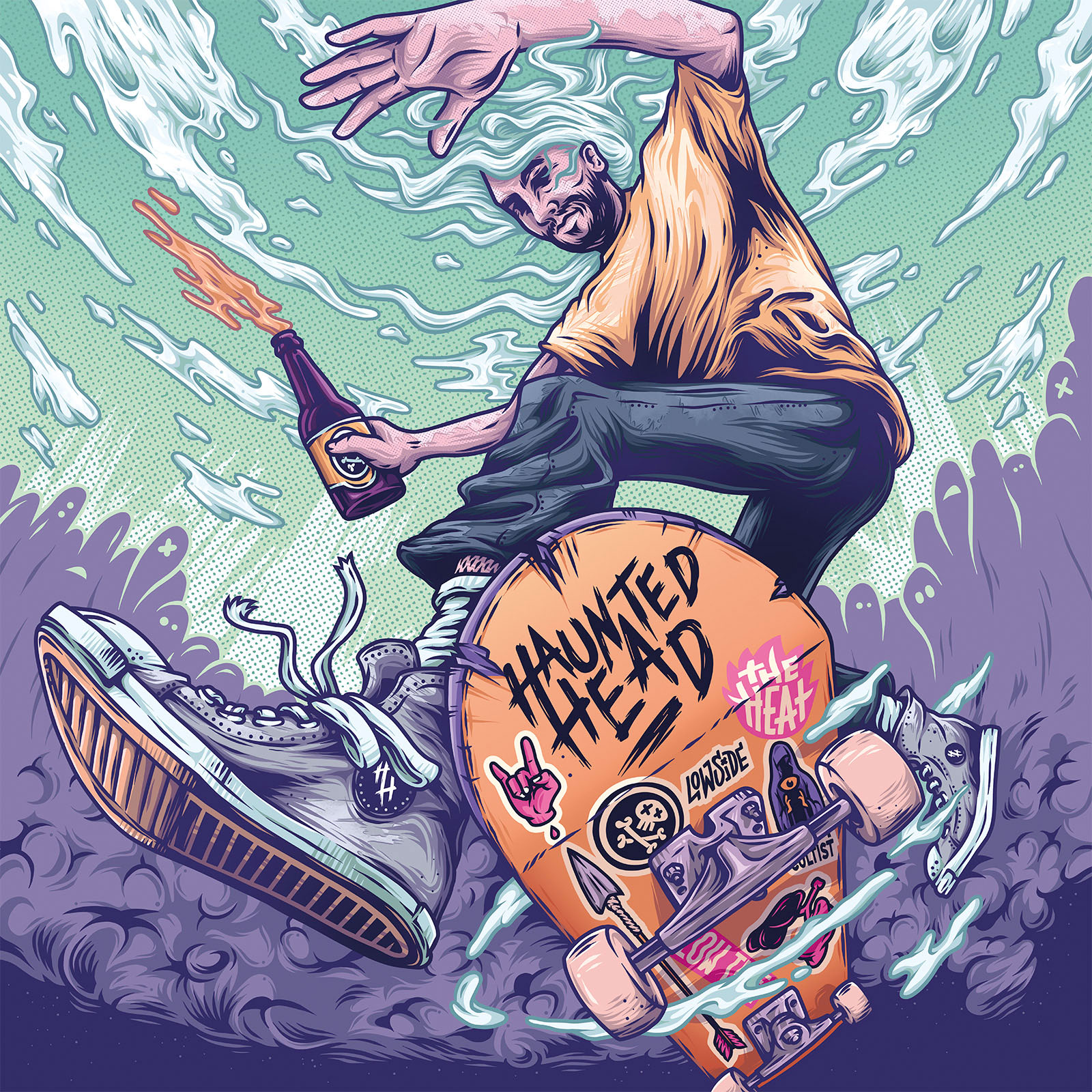  Full Haunted Head album cover illustration showing a skateboarder falling through waves, smoke and flying objects.
