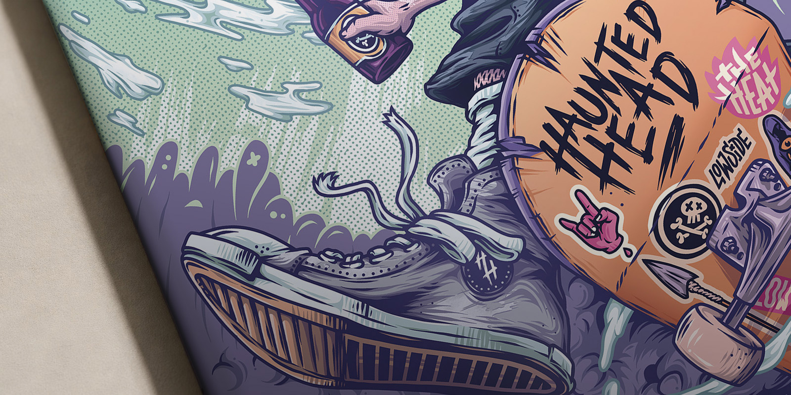 Close-up of the Haunted Head illustration showing a falling figure surrounded by swirling white clouds.