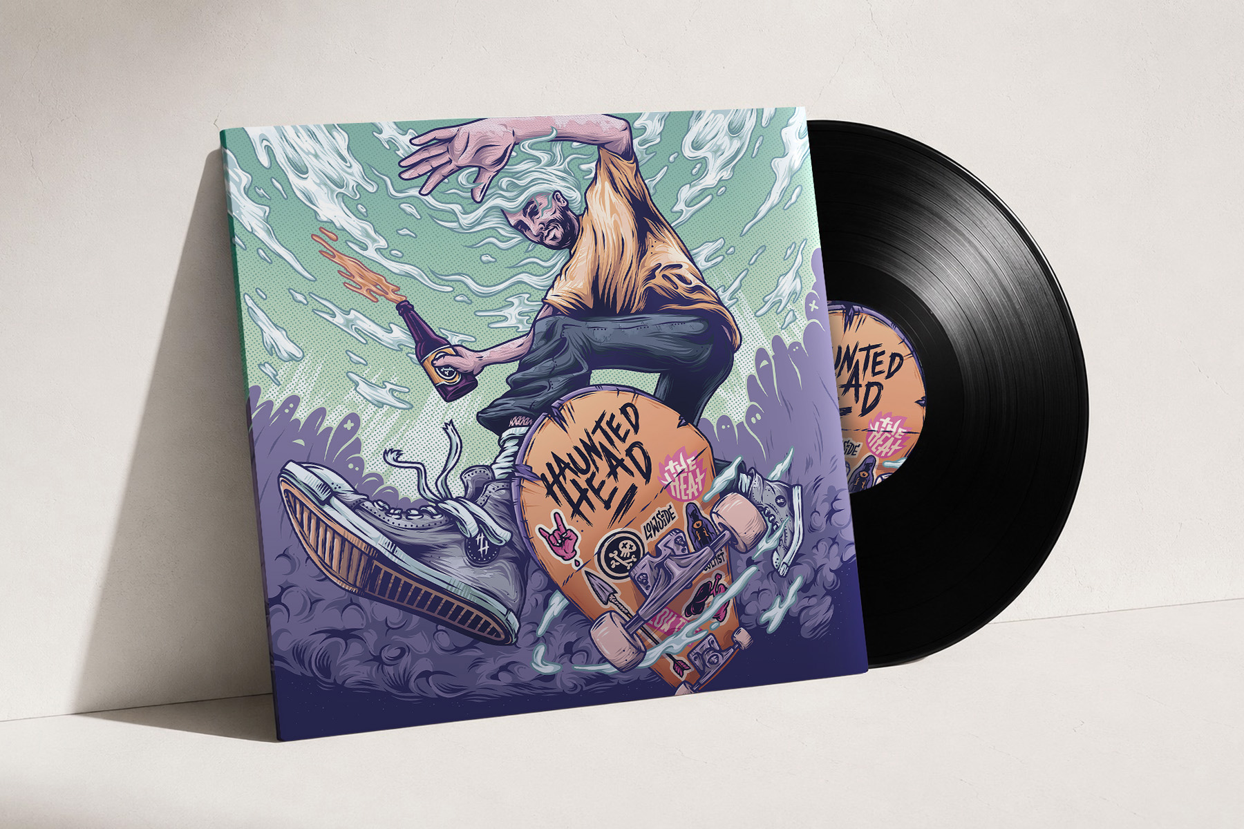  Detail of the Haunted Head back cover artwork showing the hand drawn logo, track list and stickers.