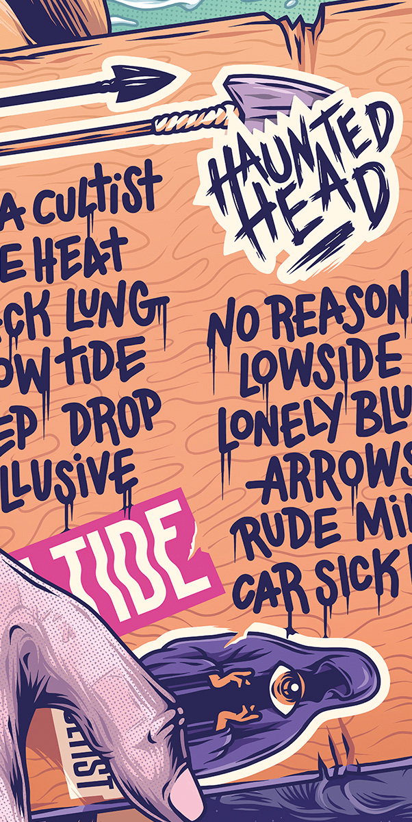  Detail of the Haunted Head back-cover artwork showing the hand-drawn logo, track list and stickers.