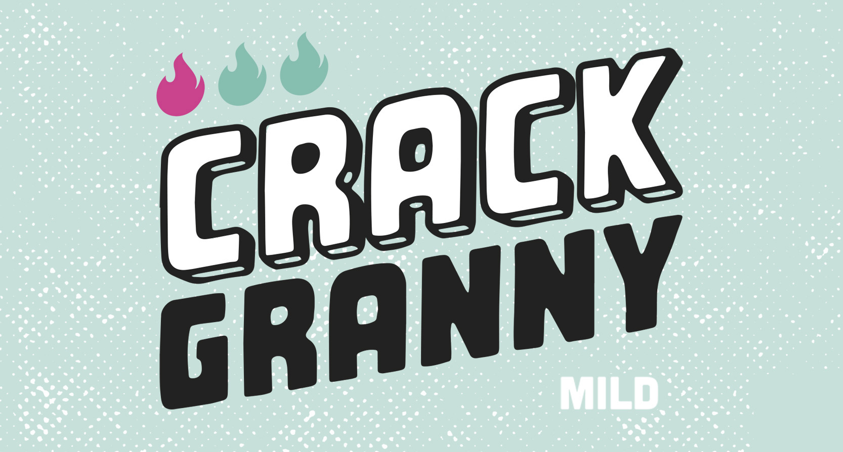 Crack Granny hand-lettered hot sauce logo in black and white on a pale blue textured background.