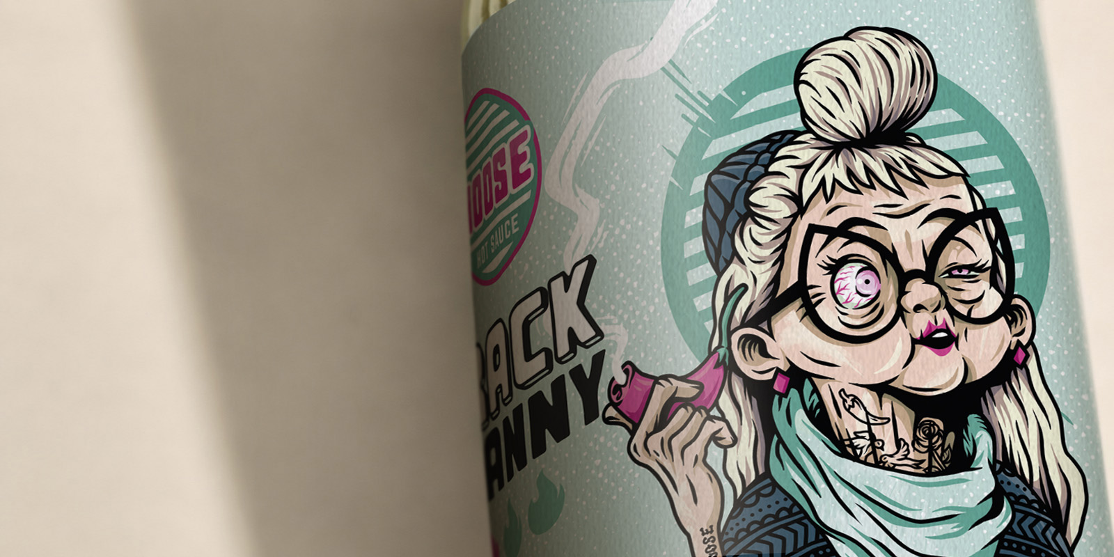 Close-up of the Crack Granny bottle label showing the illustrated elderly character holding a smoking chilli pepper.