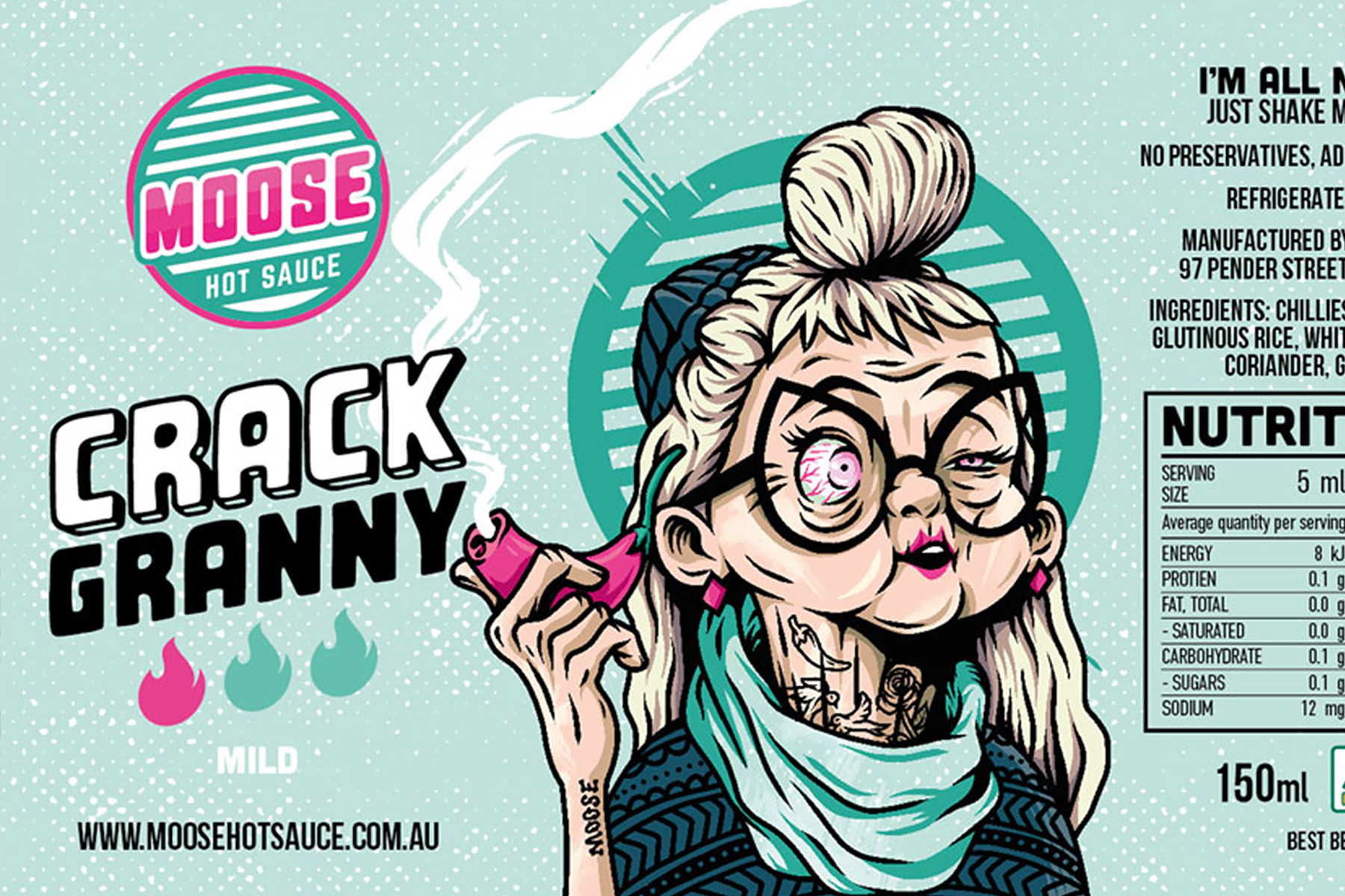  The three Moose Hot Sauce illustrated characters: Crack Granny, Smokey Jo and Mr. Burns.