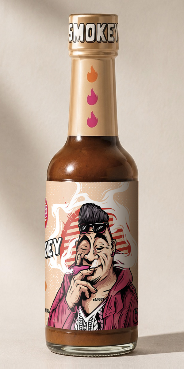 Moose Hot Sauce Smokey Jo bottle featuring an illustrated character smoking a chilli pepper on a peach label.