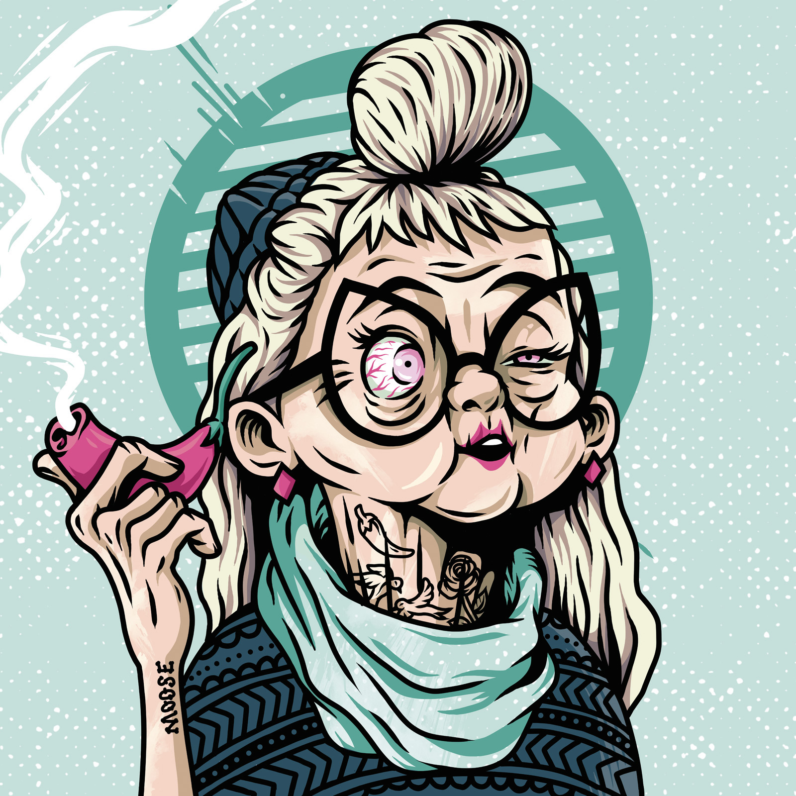 Crack Granny character illustration holding a smoking chilli pepper against a pale blue background.