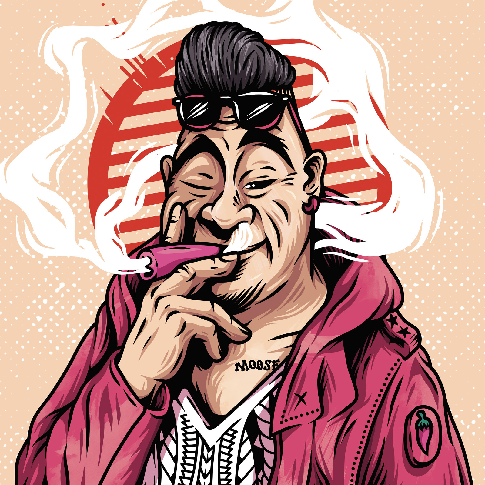 Smokey Jo character illustration smoking a chilli pepper against a peach and red background.