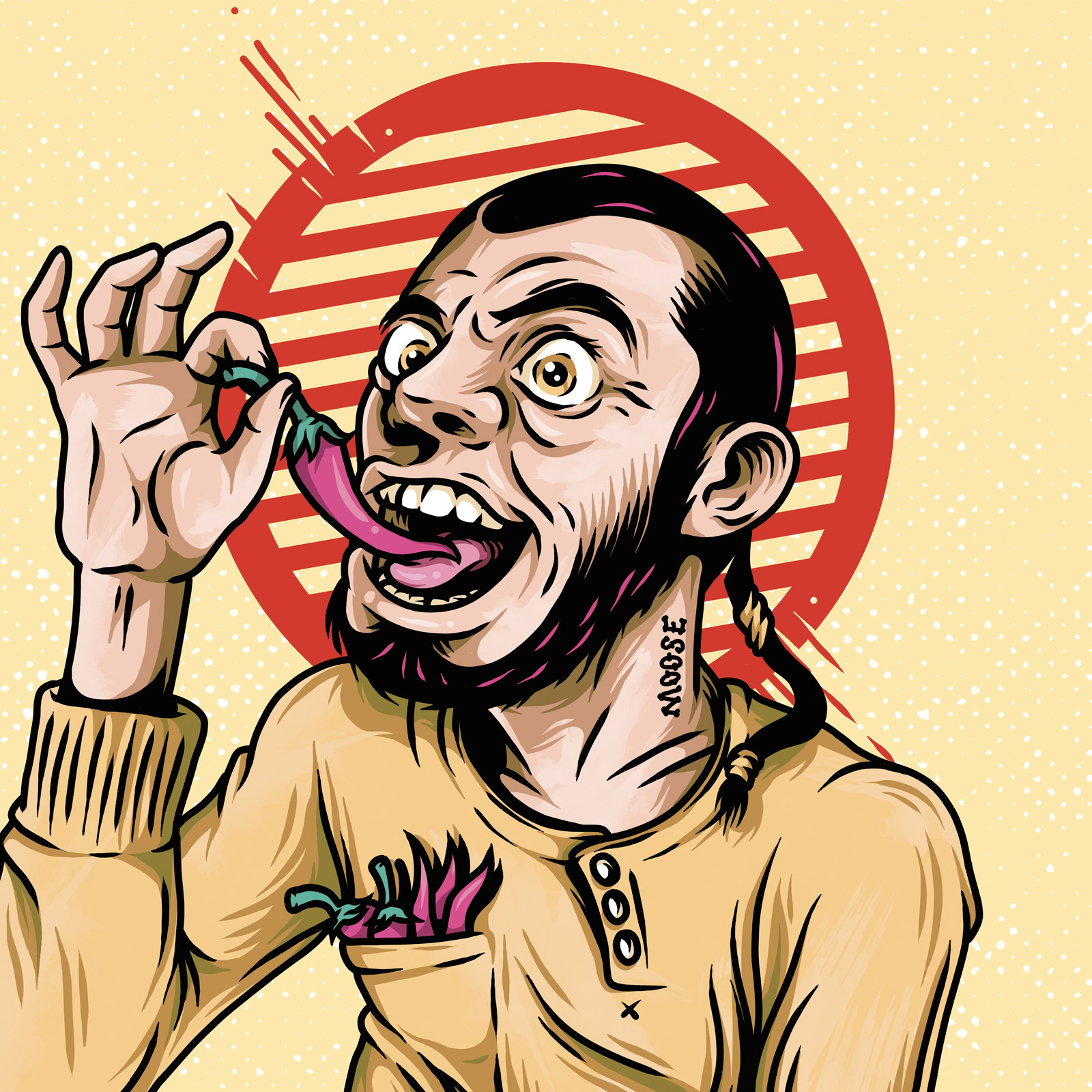 Mr. Burns character illustration holding a chilli pepper against a yellow and red background.
