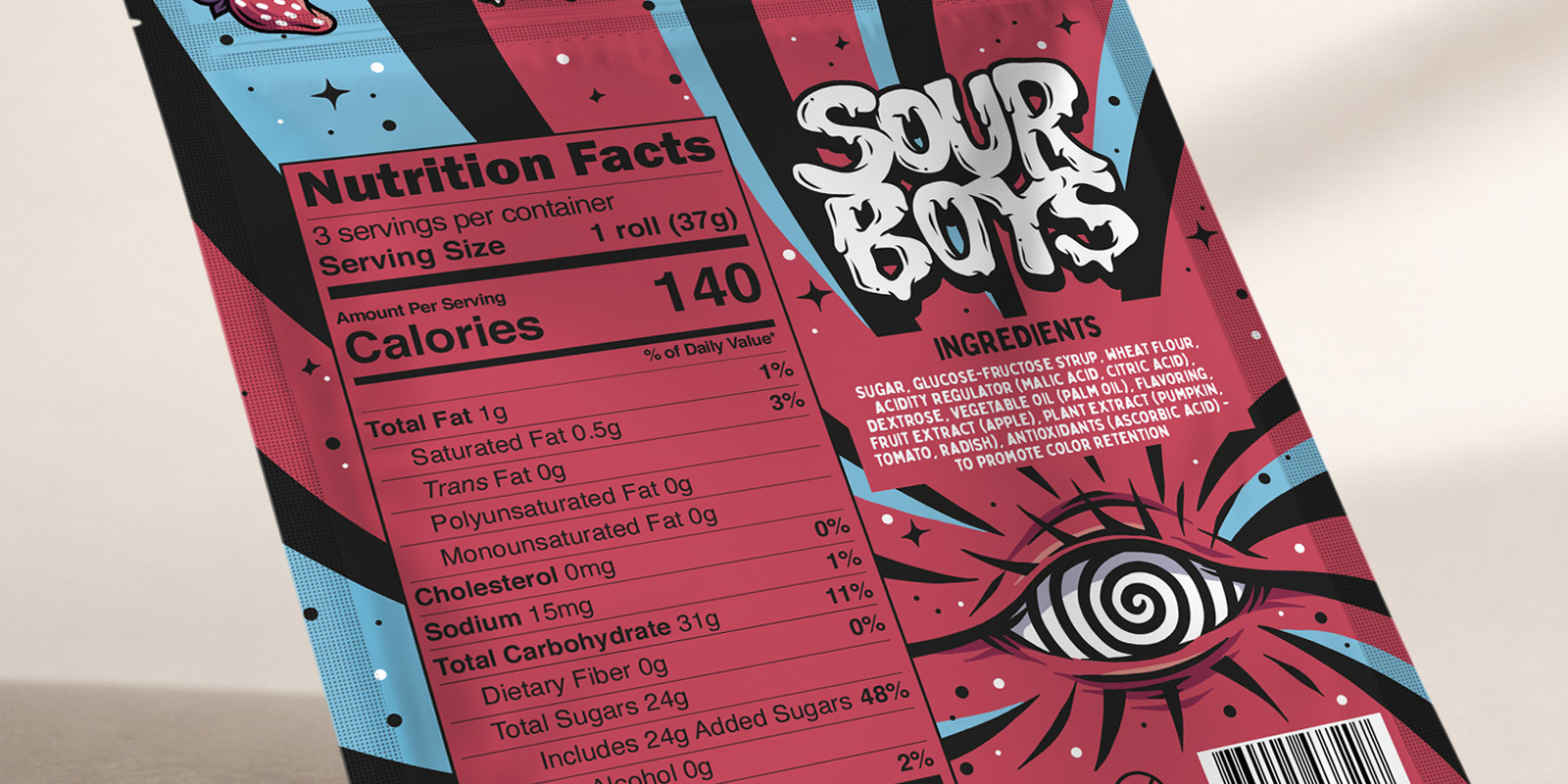 Back of Sour Boys Strawberry Sour Candy packaging featuring custom illustrated graphics, ingredients panel and nutrition information.