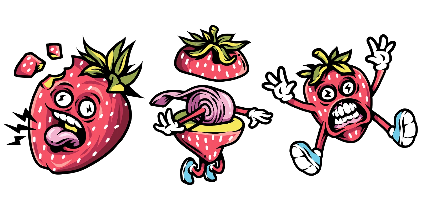 Expressive strawberry character designs created for the Sour Boys confectionery brand.