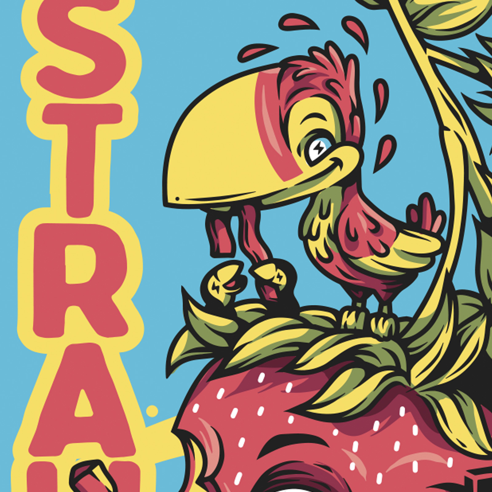 Close-up illustration of a cartoon toucan perched on a strawberry character from the Sour Boys candy packaging design.