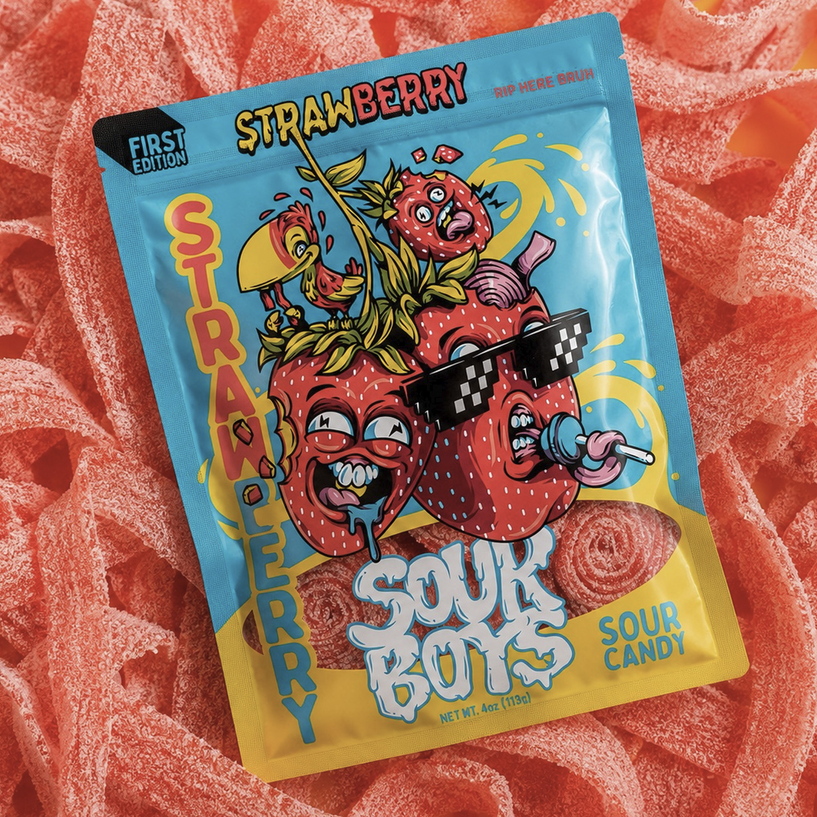 Sour Boys Strawberry Sour Candy packaging featuring custom strawberry character illustration, bold typography and colourful confectionery branding.