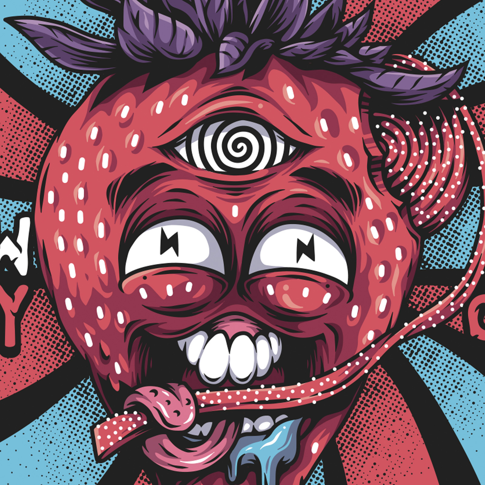 Close-up illustration of a surreal strawberry character with hypnotic eye and expressive facial features from the Sour Boys packaging artwork.