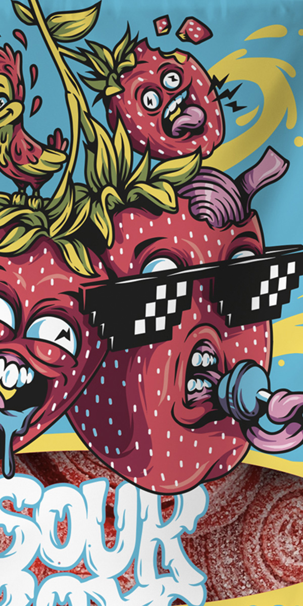 Close-up of illustrated strawberry characters and custom Sour Boys lettering on strawberry sour candy packaging.