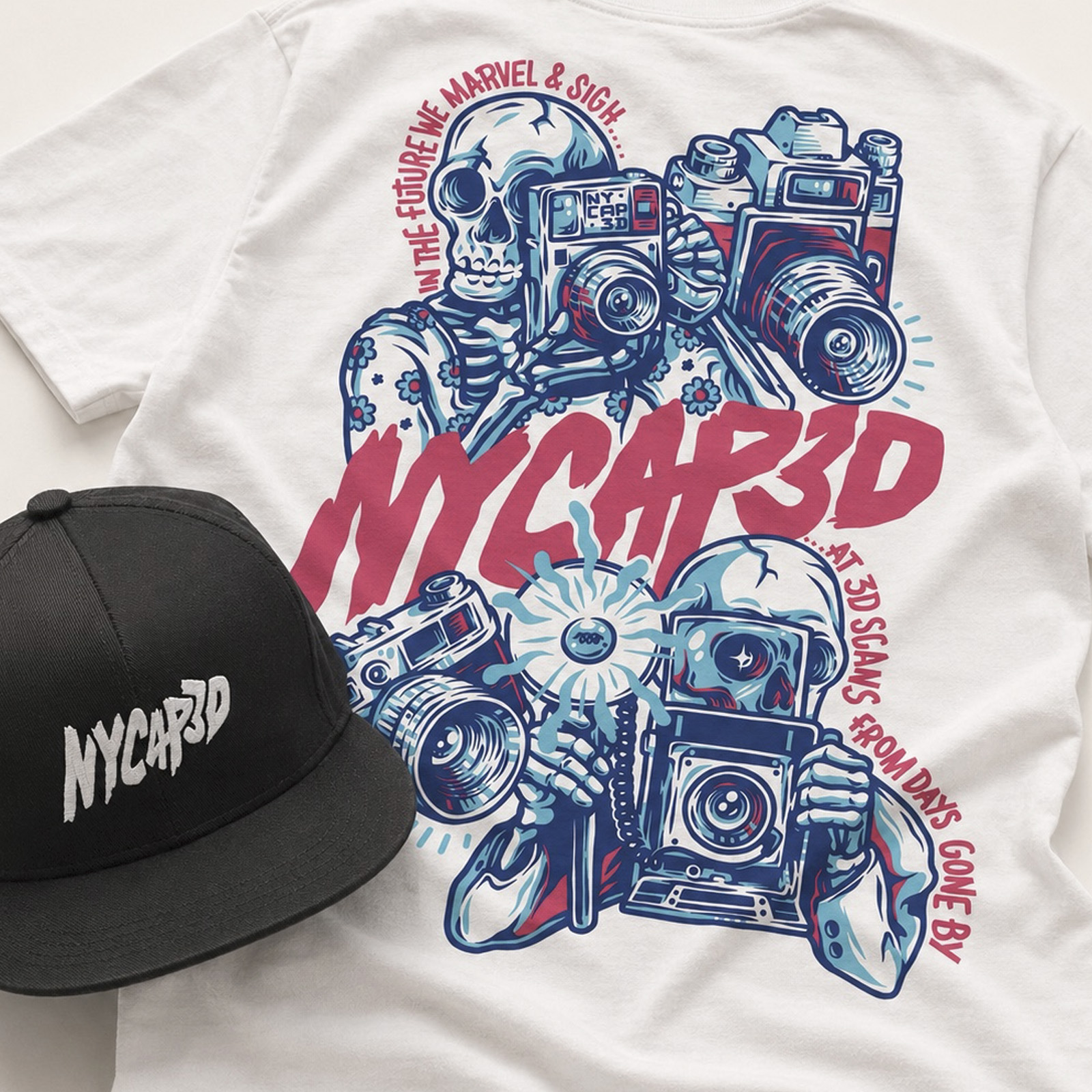 NYCAP3D merchandise collection featuring illustrated T-shirt artwork alongside a branded embroidered cap.
