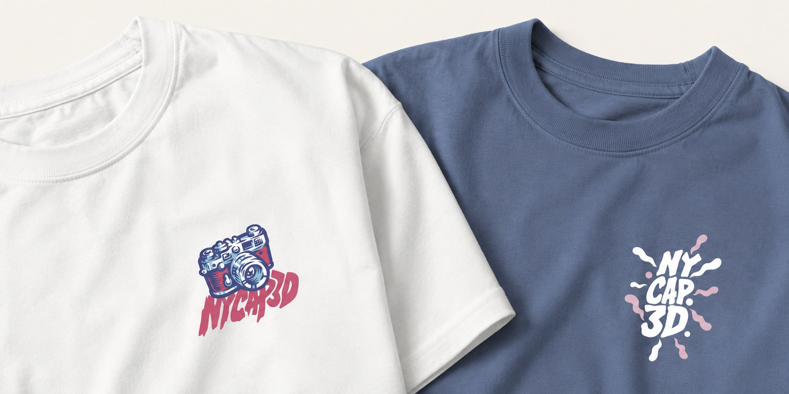 Front chest logo prints displayed on two NYCAP3D T-shirts featuring custom illustrated camera graphics and hand-lettered branding.