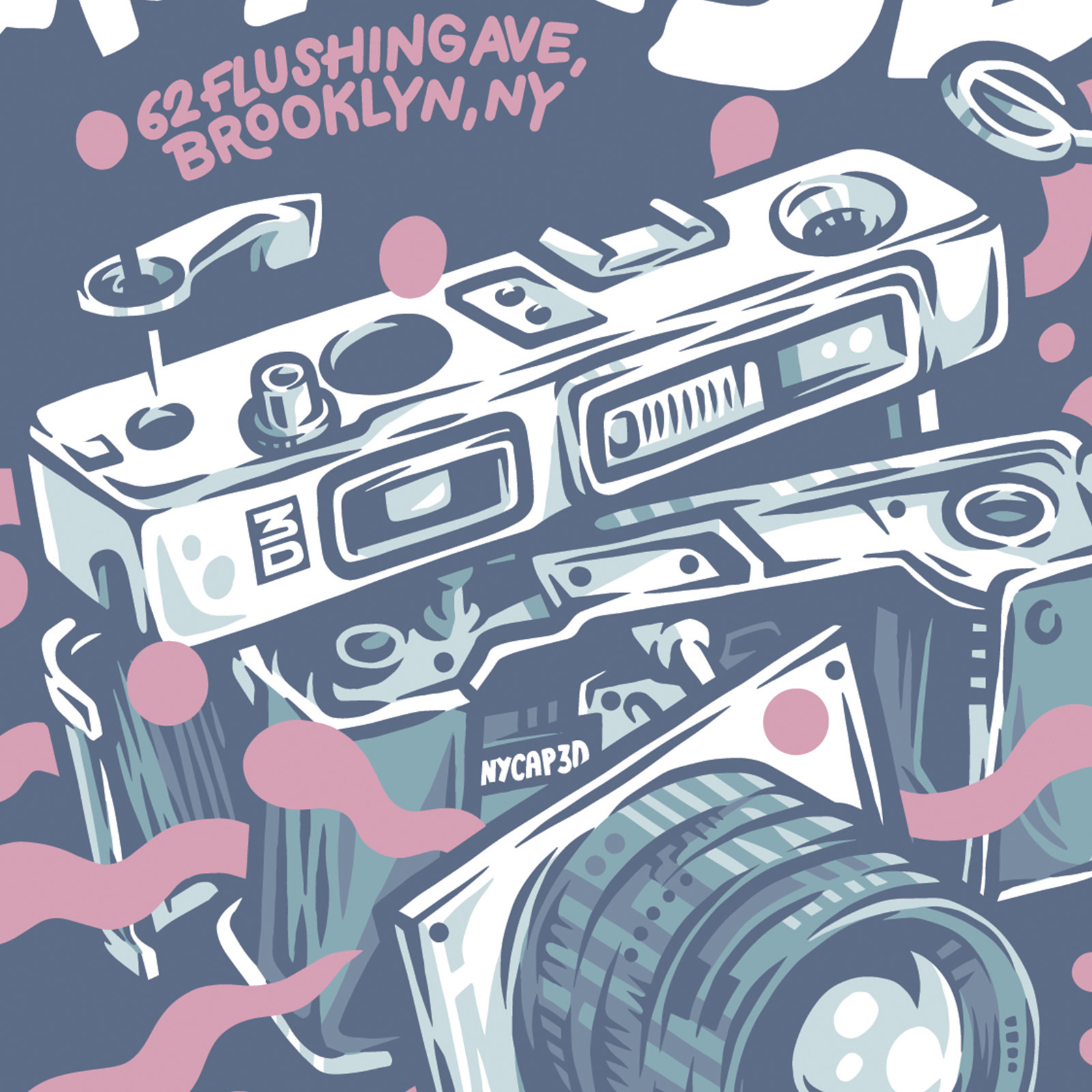 Close-up illustration of stacked vintage cameras created for NYCAP3D merchandise, featuring custom hand-lettered typography and retro-inspired artwork.