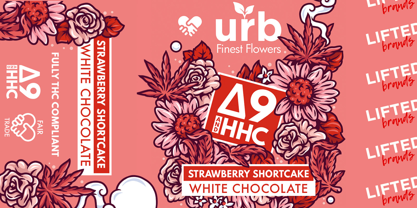 Flat packaging artwork for URB Strawberry Shortcake White Chocolate, featuring pink floral and cannabis leaf illustrations around the product branding.