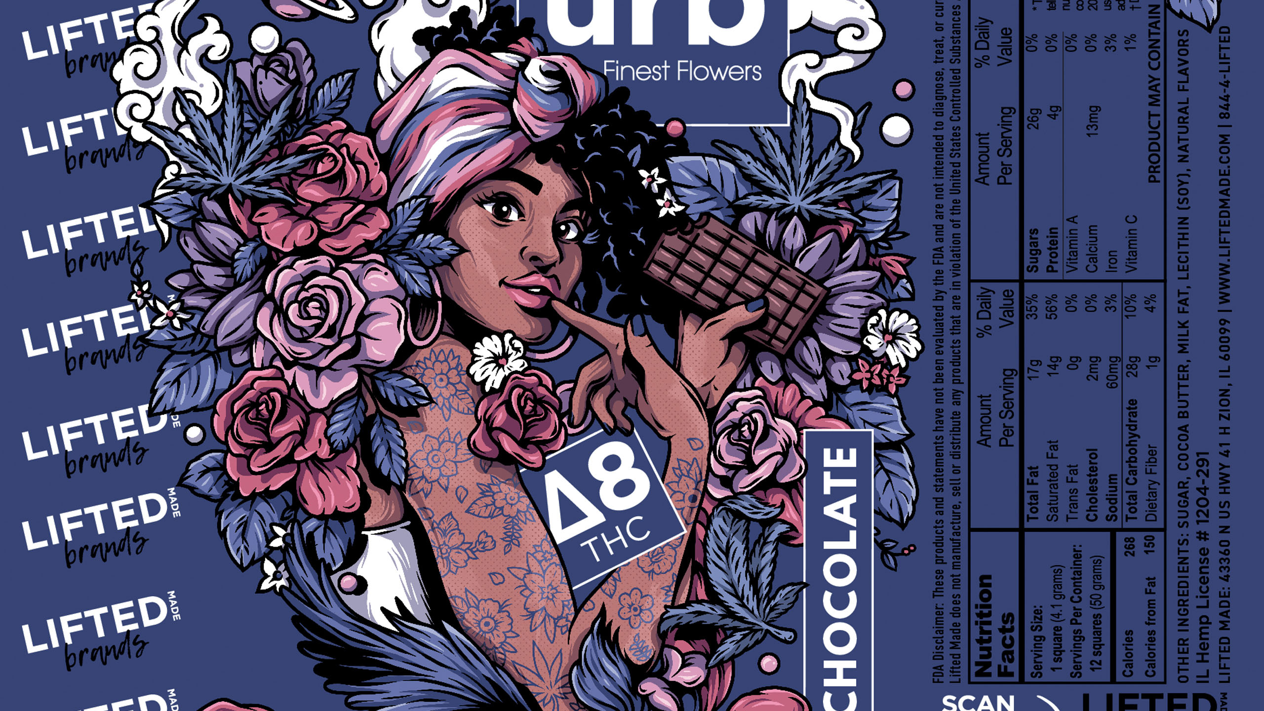 Flat URB Delta-8 THC chocolate packaging artwork featuring an illustrated woman holding a chocolate bar, surrounded by pink flowers, cannabis leaves and product information.