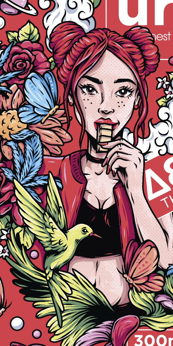 Close-up of illustrated URB Rainbow Rocks white chocolate packaging, featuring a red-haired woman eating chocolate among colourful flowers, butterflies, birds and cannabis leaves.