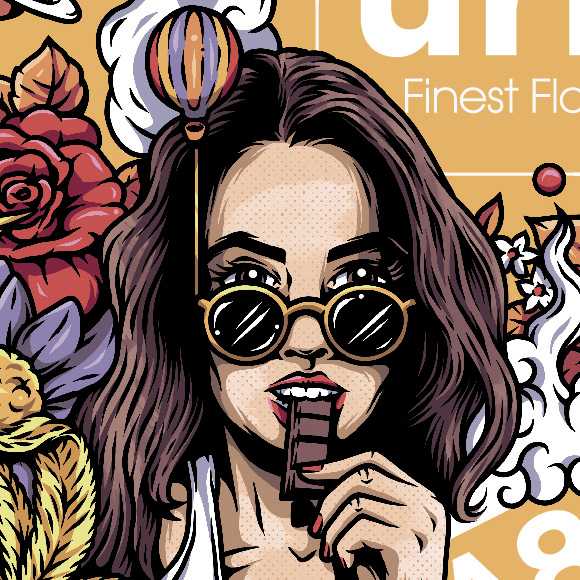 Close-up illustration from URB milk chocolate packaging, featuring a woman in round sunglasses eating chocolate against an orange floral background.