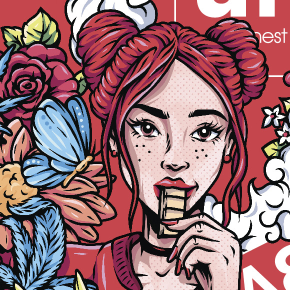 Close-up illustration from URB Rainbow Rocks white chocolate packaging, featuring a red-haired woman eating chocolate beside blue butterflies and colourful flowers.