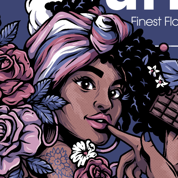 Close-up illustration from URB dark chocolate packaging, featuring a woman with a patterned headwrap surrounded by pink flowers and blue foliage.