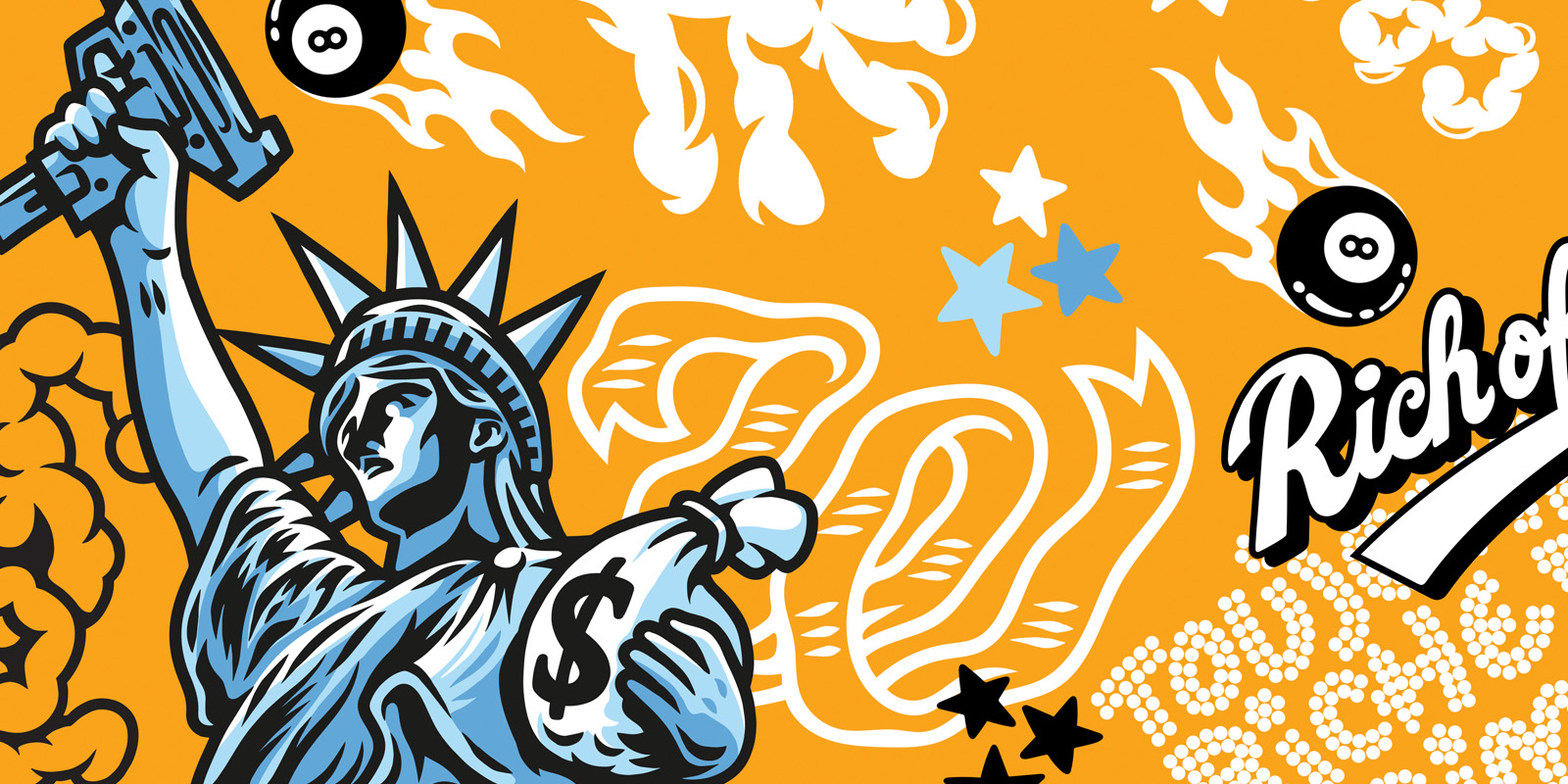Orange Rich Off Crime graphic artwork featuring the Statue of Liberty, custom lettering, flames, stars and baseball-inspired symbols.