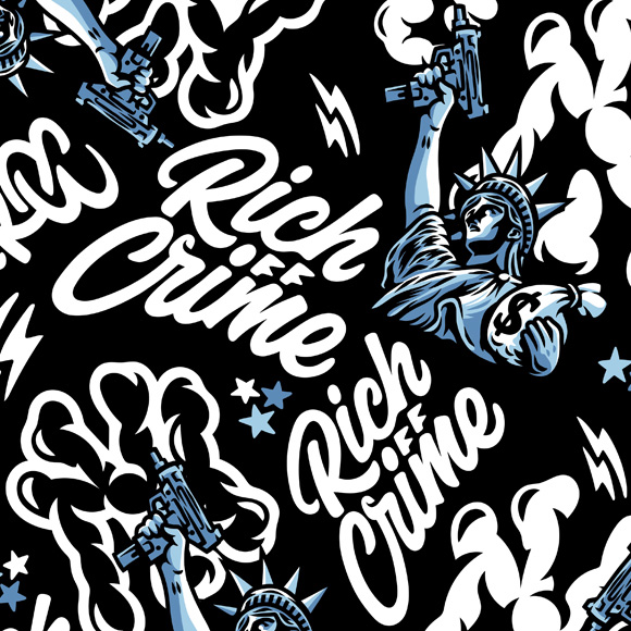 Close-up of the Rich Off Crime all-over print pattern featuring custom lettering, the Statue of Liberty, smoke, stars and graphic symbols.