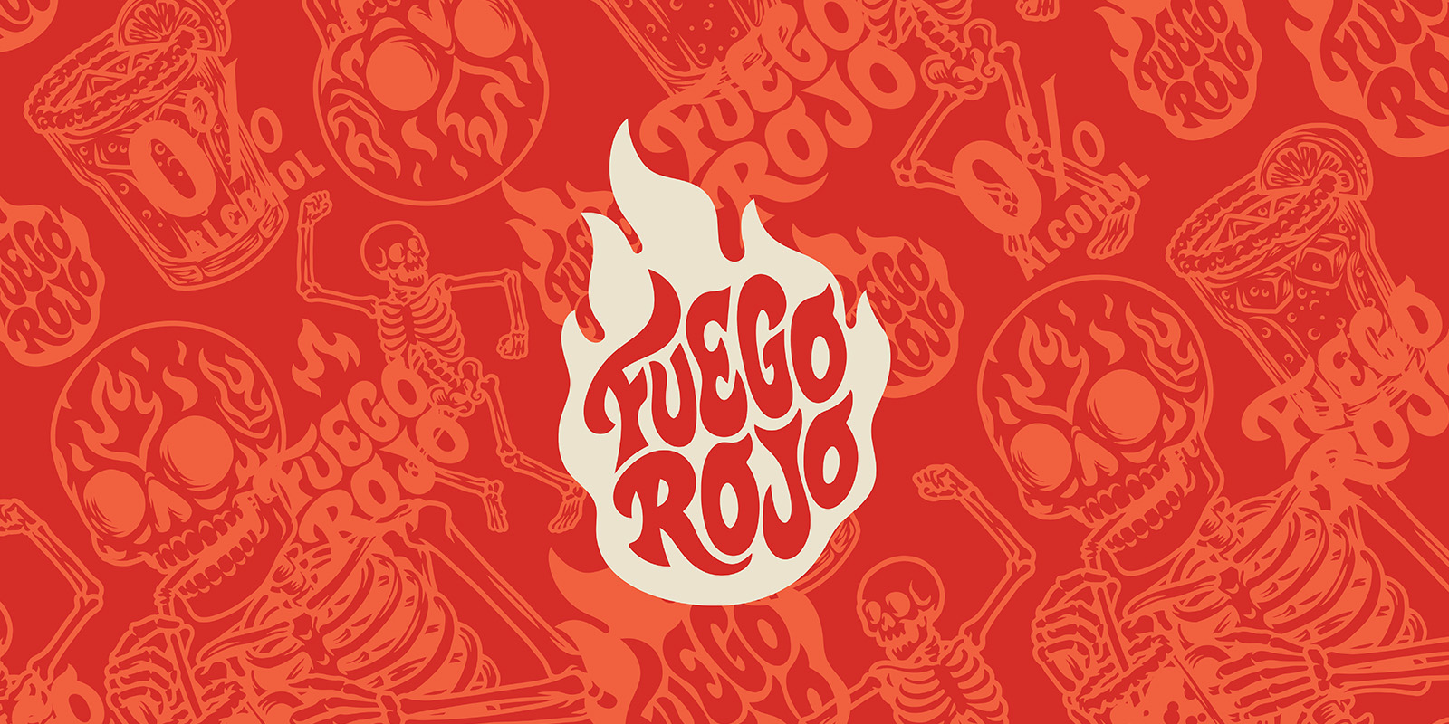 Fuego Rojo brand artwork featuring the flame-shaped logo over a repeating pattern of skeletons, michelada glasses and illustrated packaging elements.