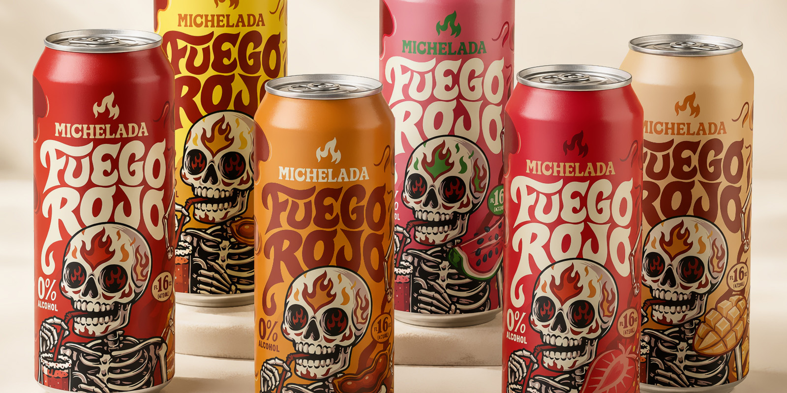 A colourful range of Fuego Rojo alcohol-free michelada cans featuring skeleton characters and flavour-specific fruit illustrations.