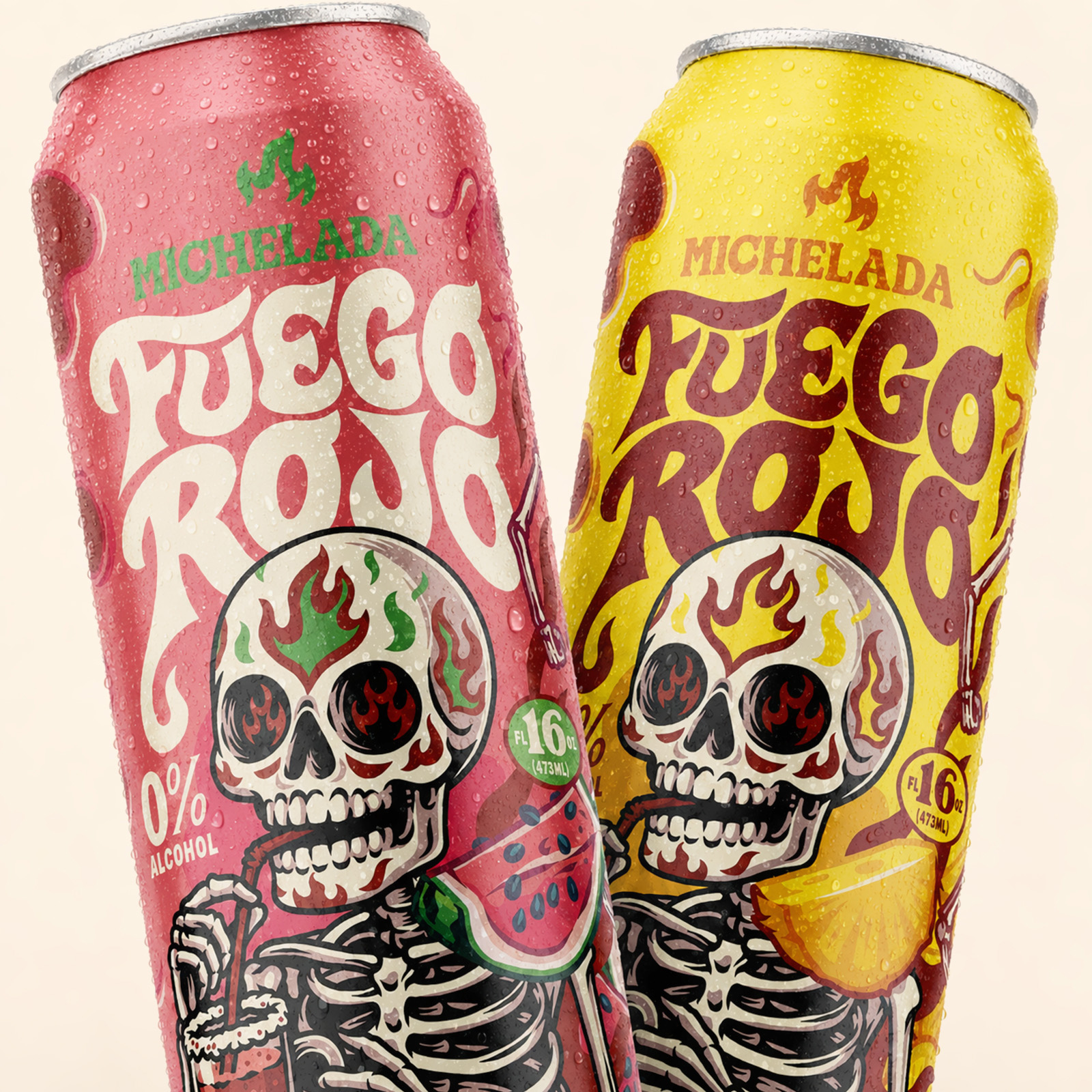 Two chilled Fuego Rojo michelada cans in pink and yellow packaging, illustrated with skeleton characters, watermelon and mango.