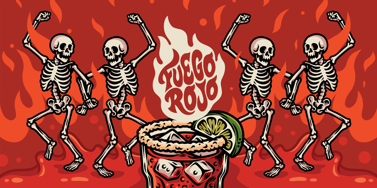 Fuego Rojo illustration featuring dancing skeleton characters, flames and a salted michelada glass with lime.