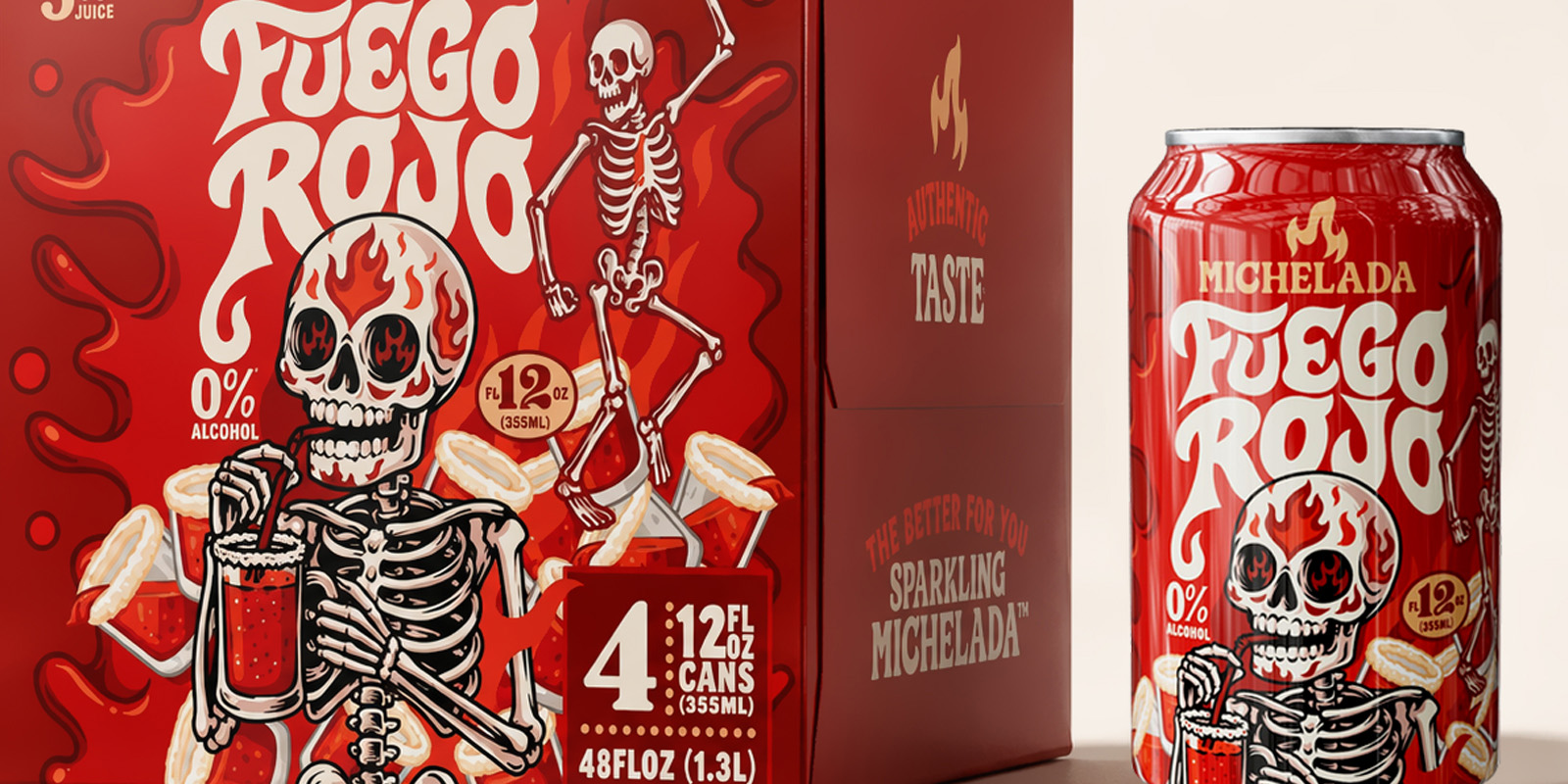 Fuego Rojo multipack box and matching red michelada can featuring custom lettering, skeleton illustrations and fiery packaging graphics.