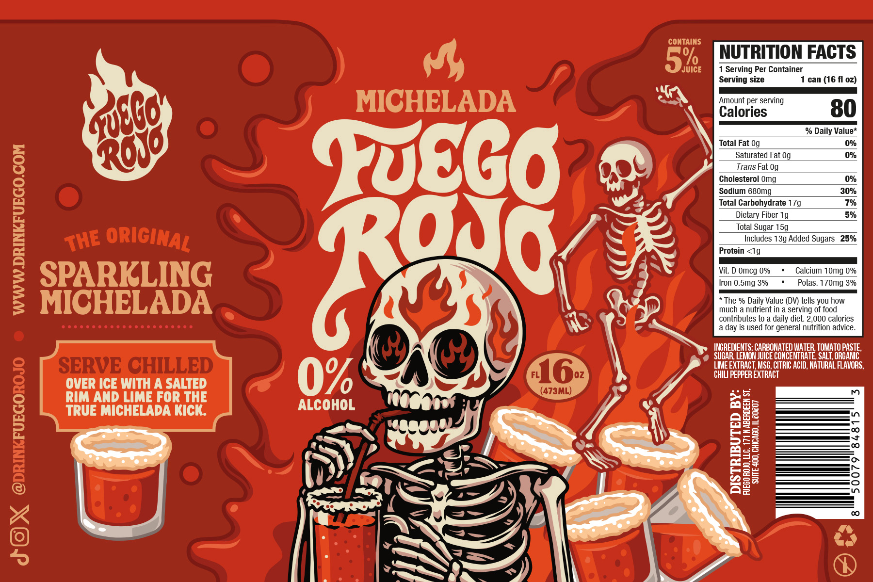 Flat Fuego Rojo can packaging artwork showing the logo, skeleton character, michelada glasses, product information and nutrition panel.