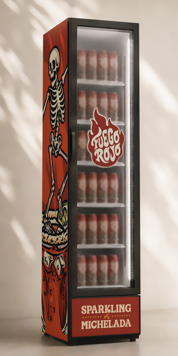 Branded Fuego Rojo retail fridge featuring large skeleton artwork, the flame logo and rows of red michelada cans inside.