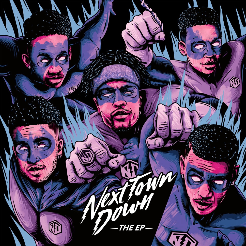 Full Next Town Down EP cover artwork featuring all five band members illustrated as superhero-inspired characters with the NTD logo.