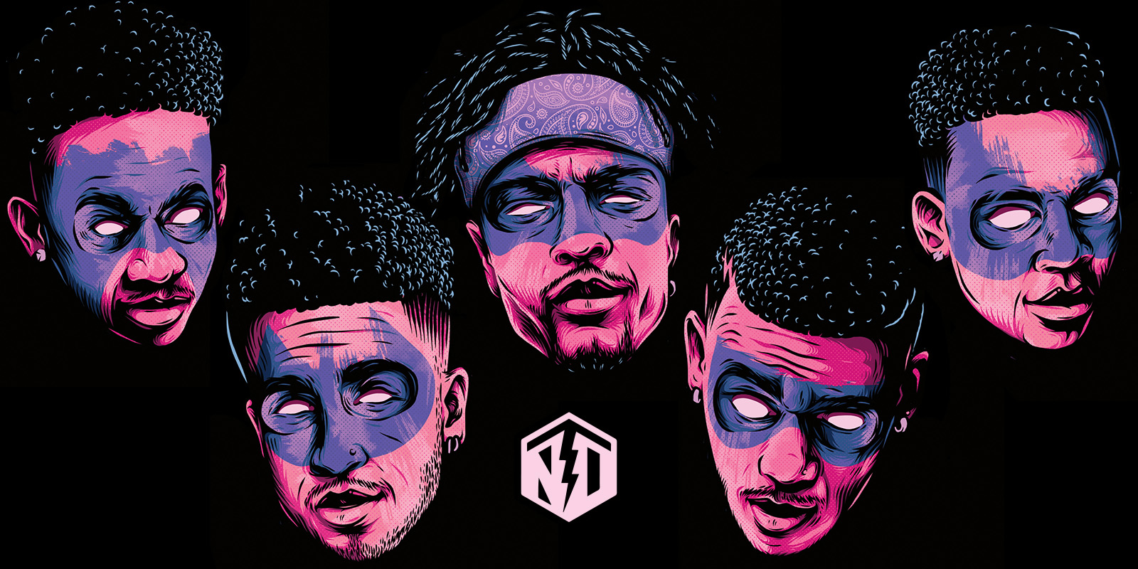 Illustrated portraits of the five Next Town Down members in pink, purple and blue tones, with the custom NTD logo on a black background.