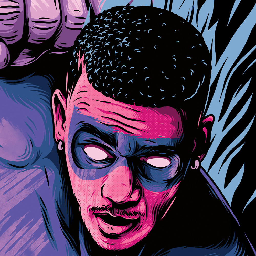 Close-up of one illustrated Next Town Down band member from the EP artwork, rendered in bold pink, purple and blue tones.