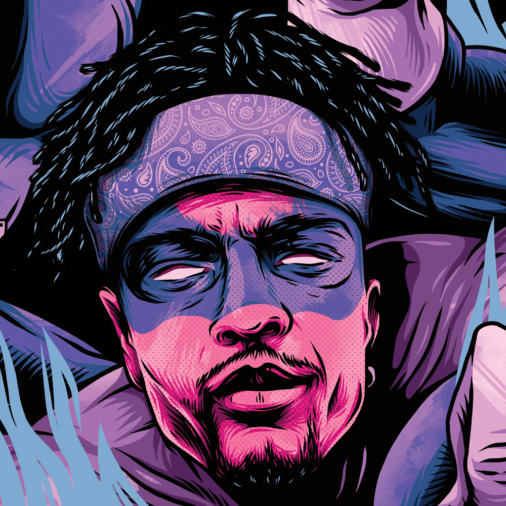 Close-up of one illustrated Next Town Down band member from the EP artwork, rendered in bold pink, purple and blue tones.
